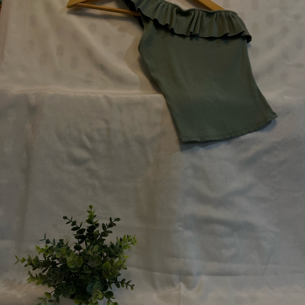 Green Ruffled One-Shoulder Top
